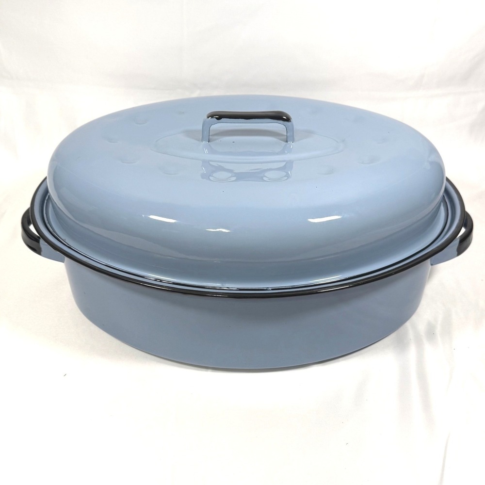 Vintage Enamelware Oval Roasting Pan with Lid Blue Farmhouse Large 16.5in Roastr - Picture 5 of 14